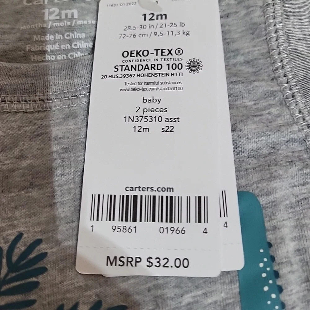 Carters‎ Baby Boys 2-Pack Dinosaur Rompers Grey Teal 12M Snap Closeure NEW